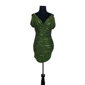 Jaded Rose off the shoulder olive green sequin mini dress size UK 8 - US 4